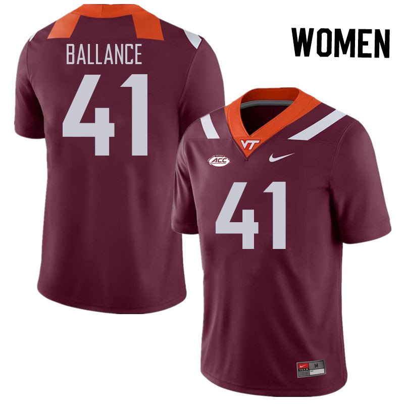 Women #41 George Ballance Virginia Tech Hokies College Football Jerseys Stitched Sale-Maroon